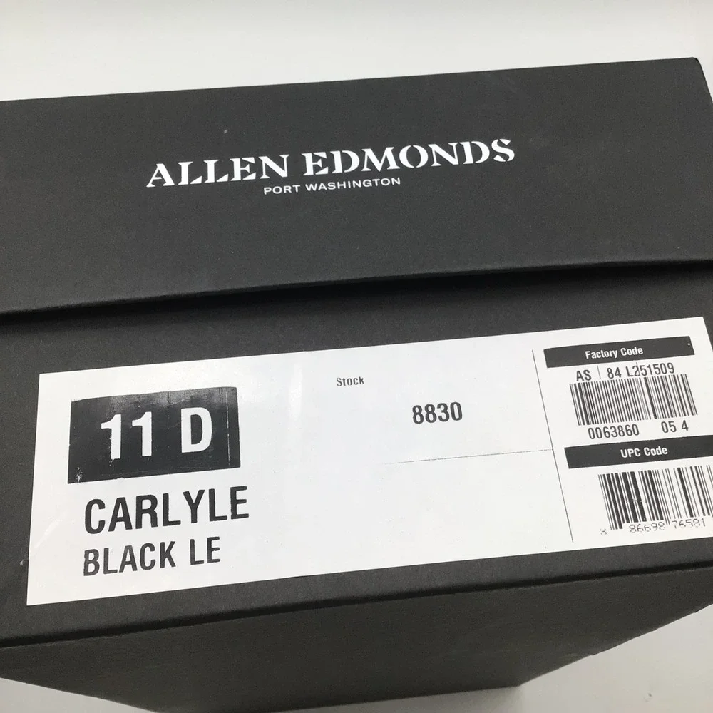 Allen Edmonds Carlyle Size 11 D Black Leather Plain Toe Oxford Dress Shoes NEW